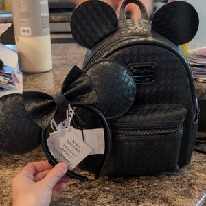 Disney Parks Loungefly Black Woven Faux Leather Mickey Mouse Ears Backpack Set
